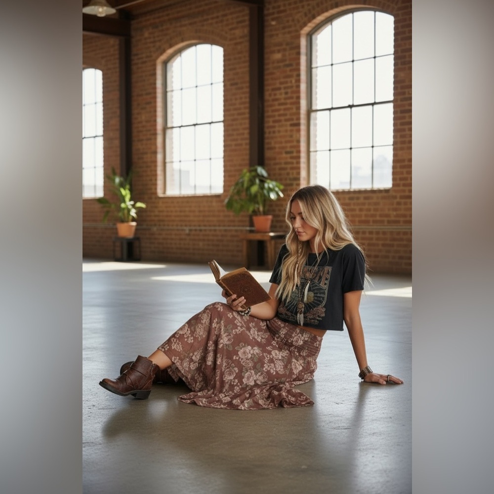 NWT Listicle Floral Print Boho Lace Smocked Waist Maxi Skirt Midi Red Bean - Picture 2 of 8